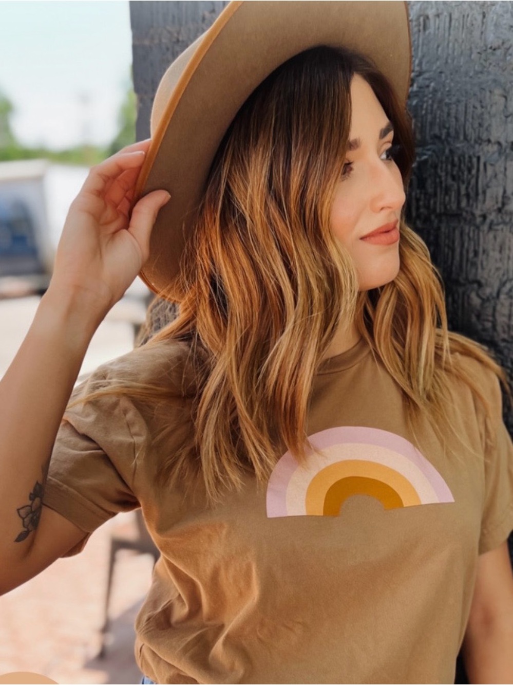 Women’s Short Sleeve Tee with Pastel Rainbow Graphic - Brown